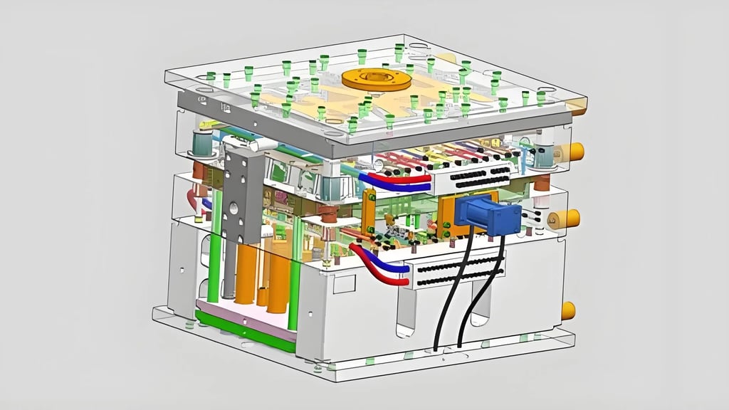 3D cutaway view of a complex mechanical device with internal components visible