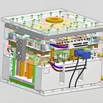 3D cutaway view of a complex mechanical device with internal components visible