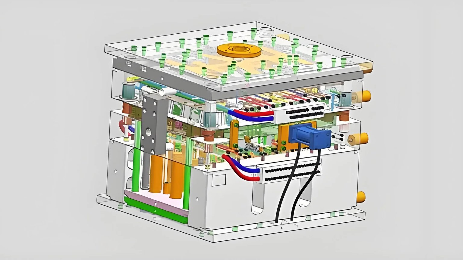 3D cutaway view of a complex mechanical device with internal components visible