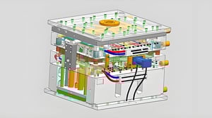 3D cutaway view of a complex mechanical device with internal components visible
