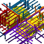 A complex 3D mechanical model featuring yellow engine blocks surrounded by colorful lines and tubes