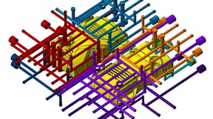 A complex 3D mechanical model featuring yellow engine blocks surrounded by colorful lines and tubes