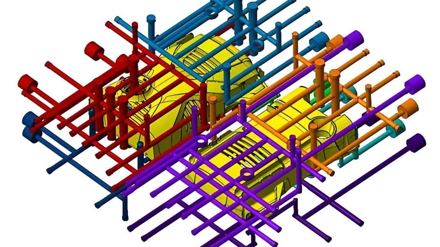 A complex 3D mechanical model featuring yellow engine blocks surrounded by colorful lines and tubes