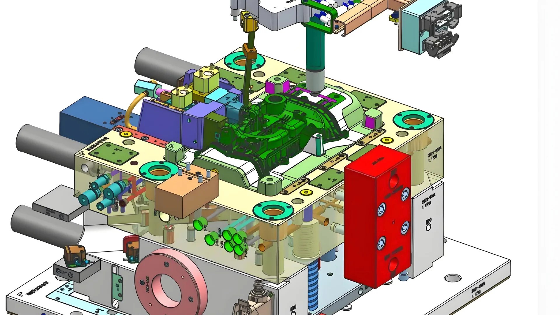 A detailed cross-sectional view of a mold design for POM plastic, highlighting cooling channels and materials.