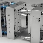 Three-dimensional rendering of a complex mechanical assembly with metallic finish