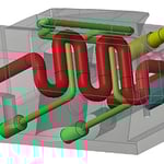 3D model of a complex mechanical system related to fluid dynamics.