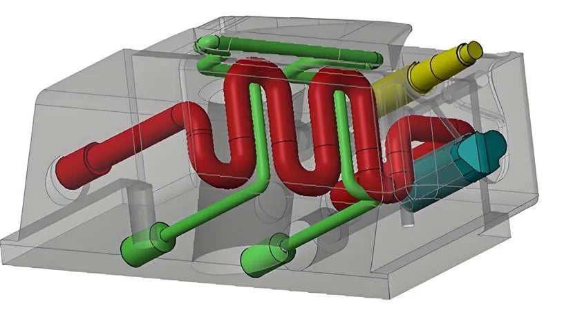 A modern injection molding machine in a manufacturing facility during the cooling phase