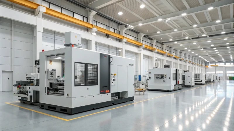 Close-up of an industrial injection molding machine with temperature gauges