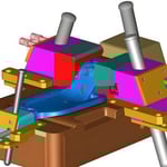 3D rendering of an injection molding mold with colorful components