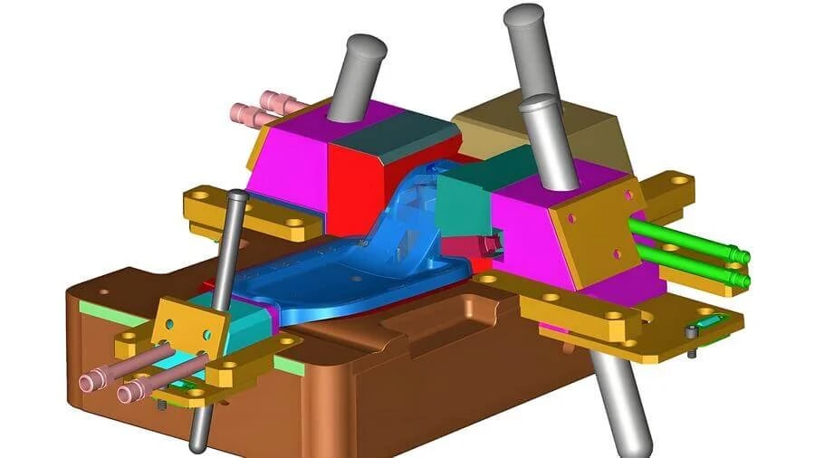 3D rendering of an injection molding mold with colorful components