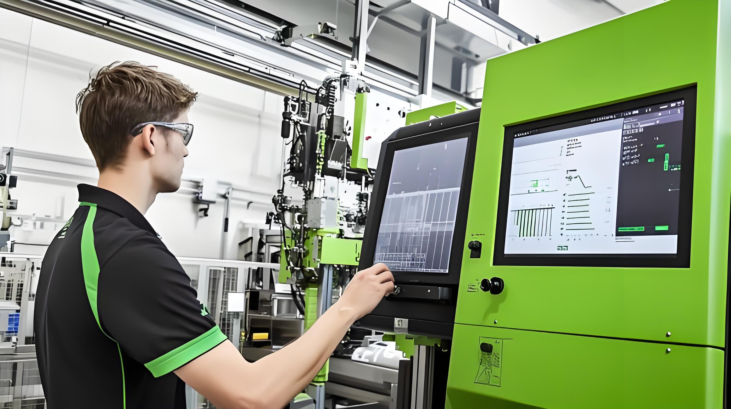 Engineer analyzing data in a modern injection molding facility