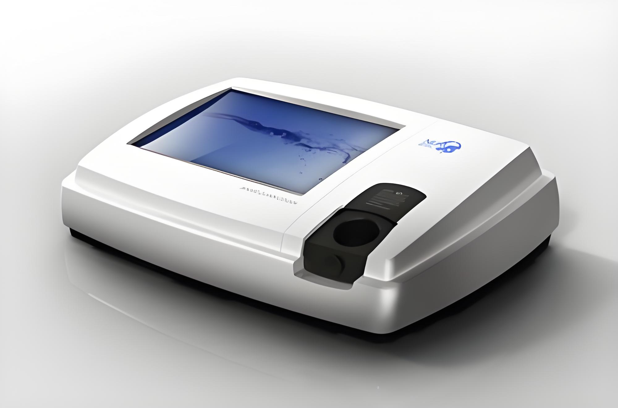 A white medical device with a sleek design and digital interface, showcasing precision engineering and safety features.