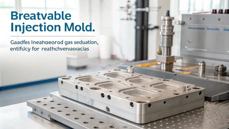 Photorealistic image of an advanced injection mold with visible textures and gas evacuation channels.