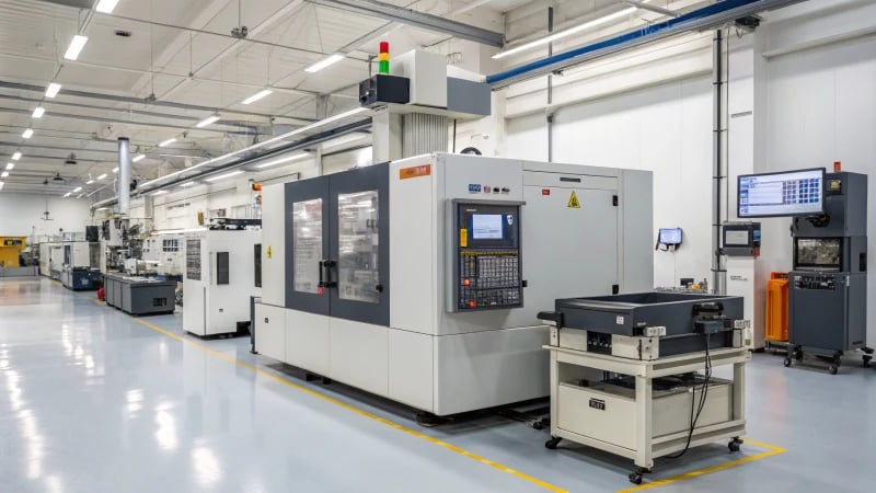 A clean and modern injection molding facility with machinery and monitoring instruments