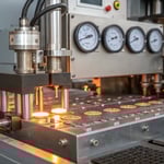 A detailed view of an advanced injection molding machine in action.