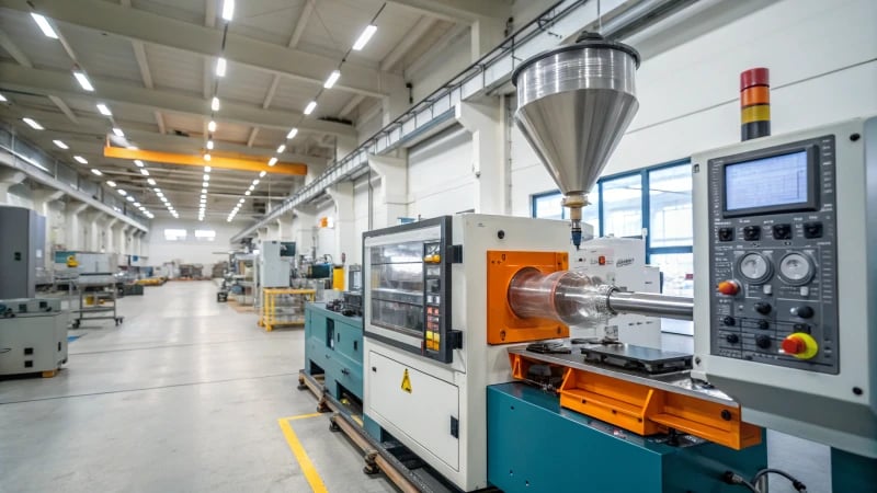 Industrial injection molding machine in action