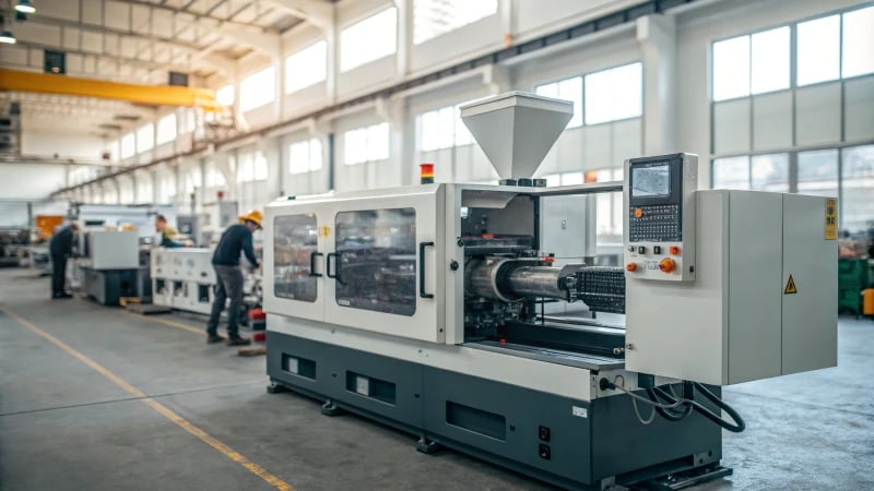 Close-up of a plastic injection molding machine in operation