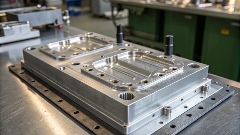 High-resolution image of an industrial injection mold in a manufacturing setting.