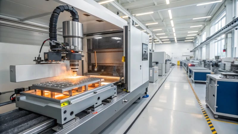 Advanced manufacturing machine in a factory with a molded product being ejected