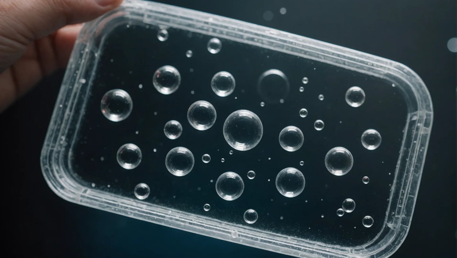 Close-up of plastic part with visible air bubbles, showcasing injection molding defect.