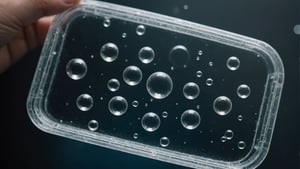 Close-up of plastic part with visible air bubbles, showcasing injection molding defect.