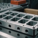 Close-up of an aluminum injection mold with detailed grooves and shiny surfaces