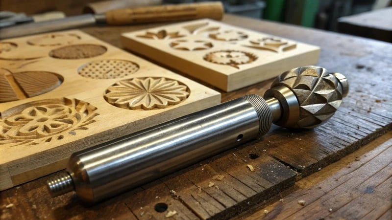 Close-up of a ball-end milling cutter on a wooden workbench with artistic molds.