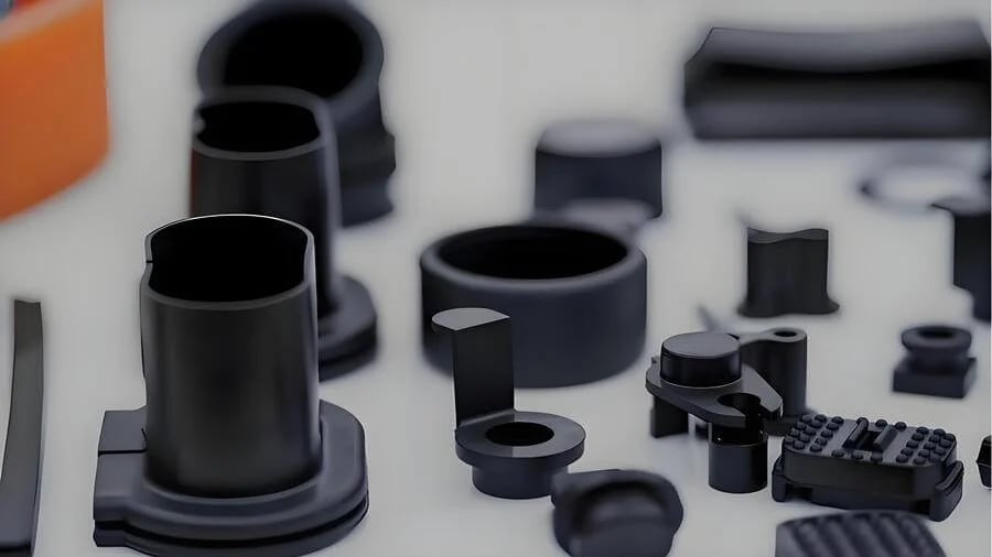 Assorted small black mechanical parts on a neutral surface