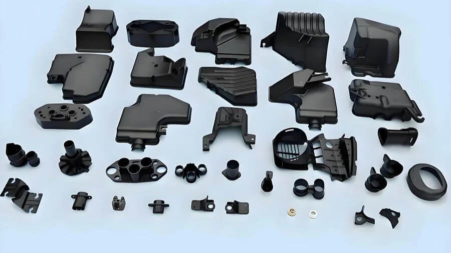 Collection of black plastic components for machinery or automotive applications