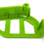 Bright green plastic component with angular shape and multiple cutouts
