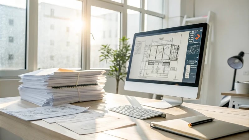 A bright and organized workspace with CAD designs on a computer screen