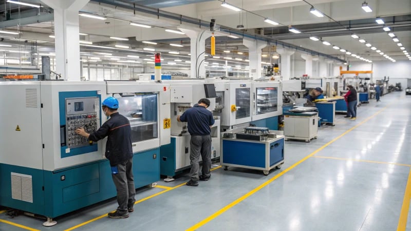 A busy injection molding factory with active machines and workers