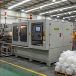 A busy factory floor with an injection molding machine in operation