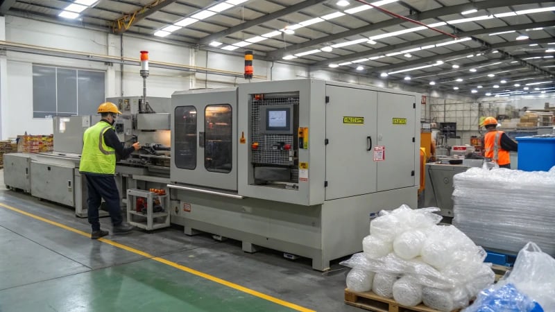 A busy factory floor with an injection molding machine in operation