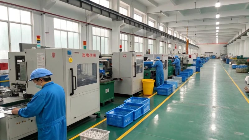 A busy factory floor with injection molding machines and workers in safety gear.