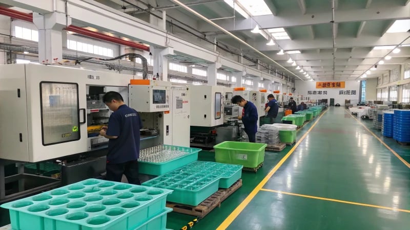 A busy injection molding factory with workers and advanced machinery