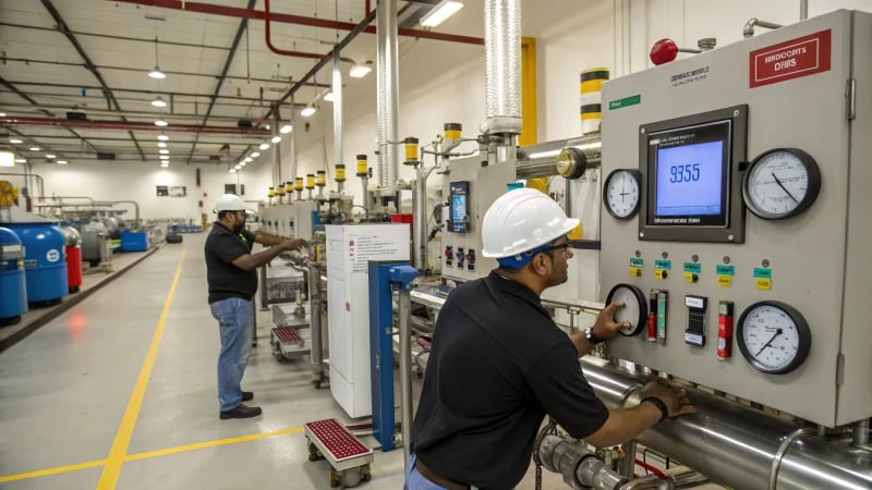 Workers adjusting machinery in a busy manufacturing facility