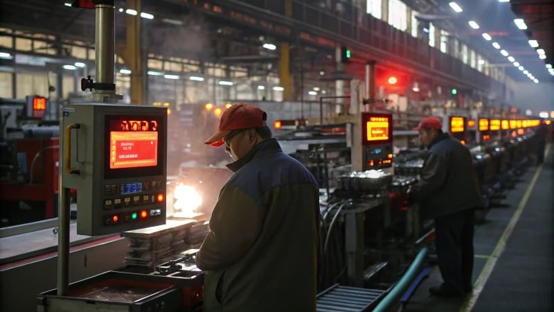 Workers in a manufacturing facility monitoring temperature control systems