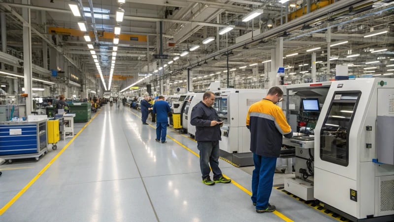 Employees inspecting machinery in a manufacturing facility