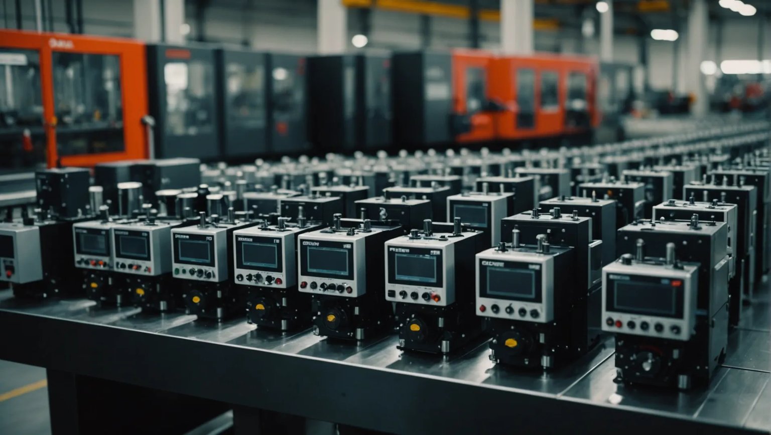 A variety of hot runner systems displayed in a manufacturing setting