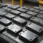 Various types of injection mold steel samples displayed on a workbench.