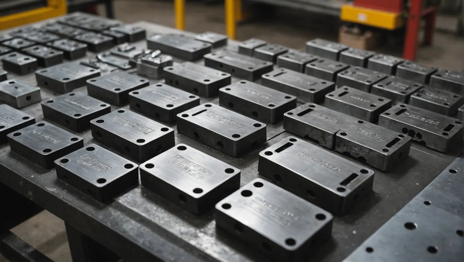 Various types of injection mold steel samples displayed on a workbench.
