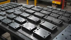 Various types of injection mold steel samples displayed on a workbench.