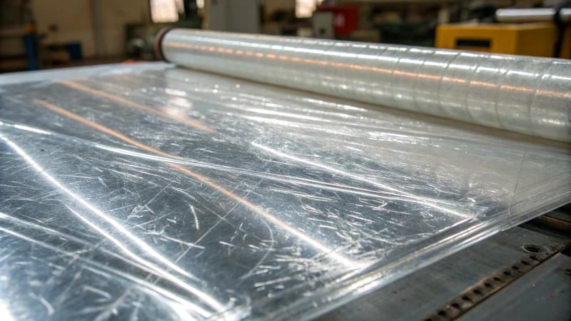 Close-up view of a clear plastic sheet with silver streaks