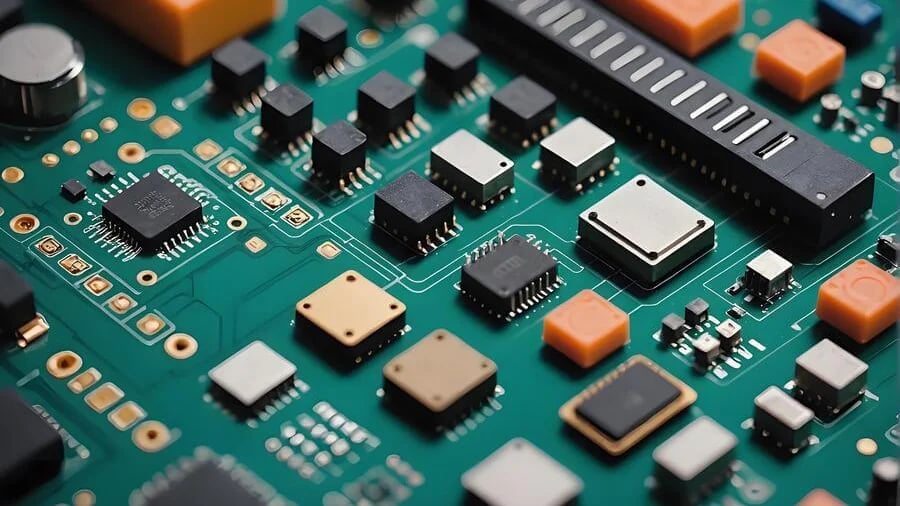 Close-up view of micro injection molded electronic components.
