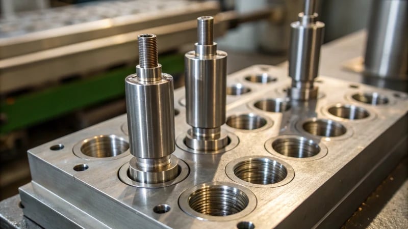 Close-up of metallic guide parts in injection molding