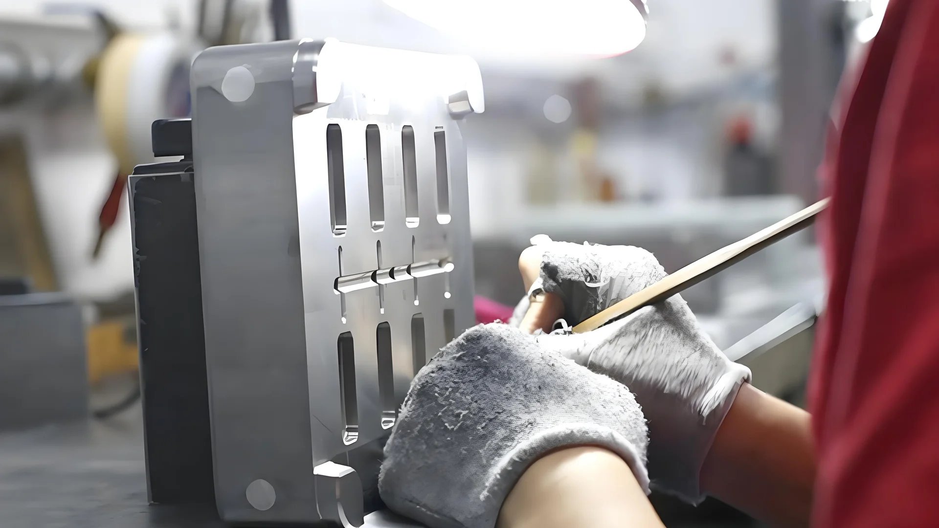 Technician performing maintenance on an industrial mold