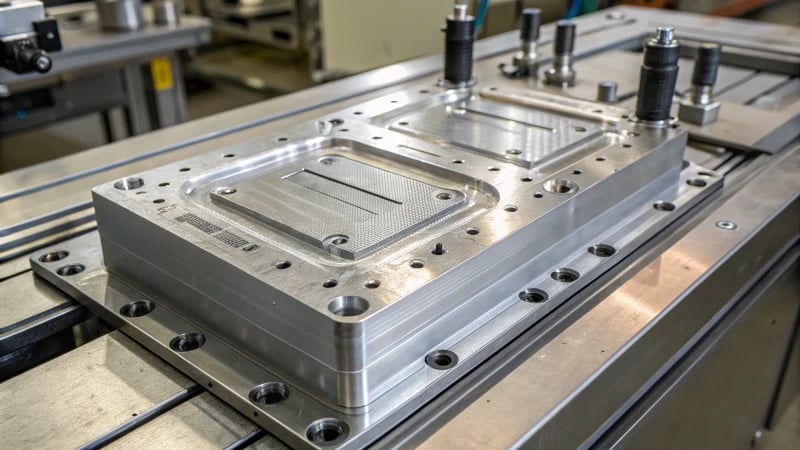 Close-up of a state-of-the-art injection mold with sharp edges and polished finish