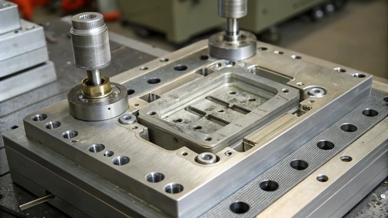 Close-up view of an injection mold's internal structure