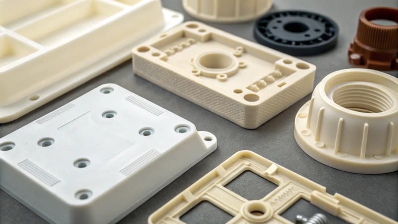 Close-up of injection molded plastic components with visible flash defects